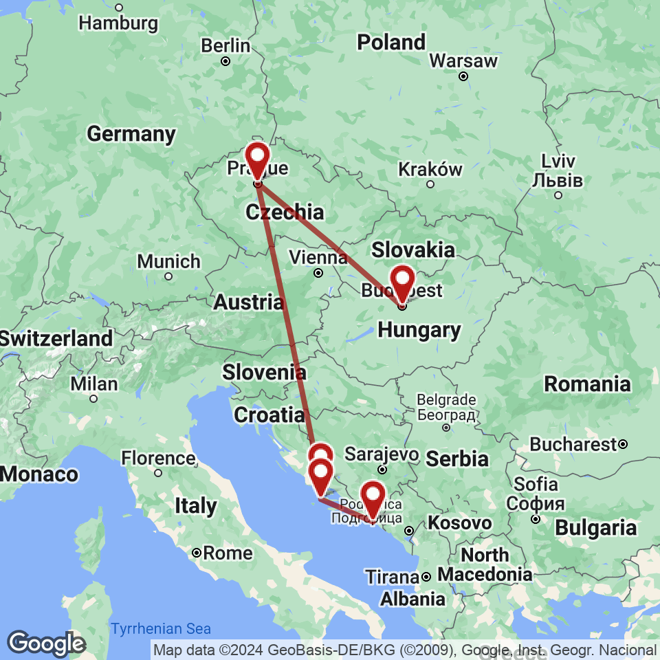Route for Budapest, Prague, Split, Hvar, Dubrovnik tour